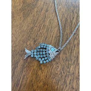 Vintage Silver Tone Blue Rhinestone Articulated Fish Pendant Necklace 24 Inch
